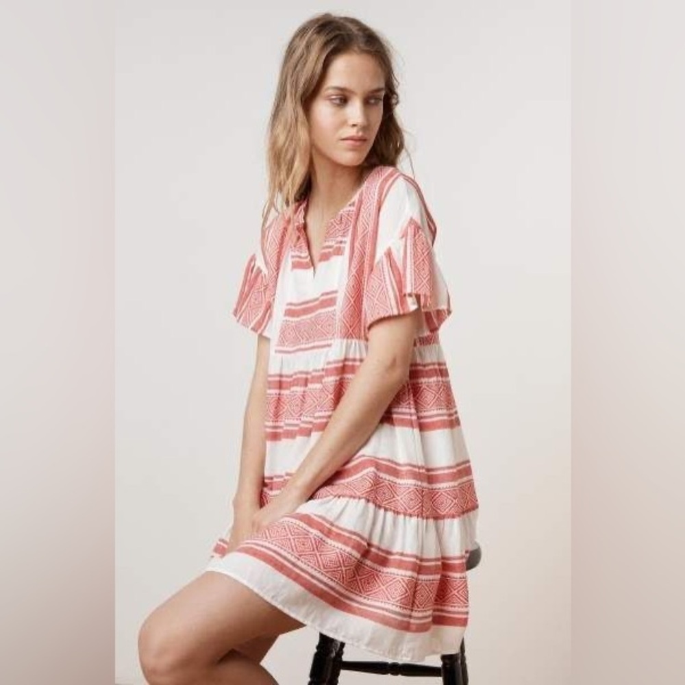 Velvet by Graham & Spencer Janaye Island Jacquard Ruffle Red & White Dress | S